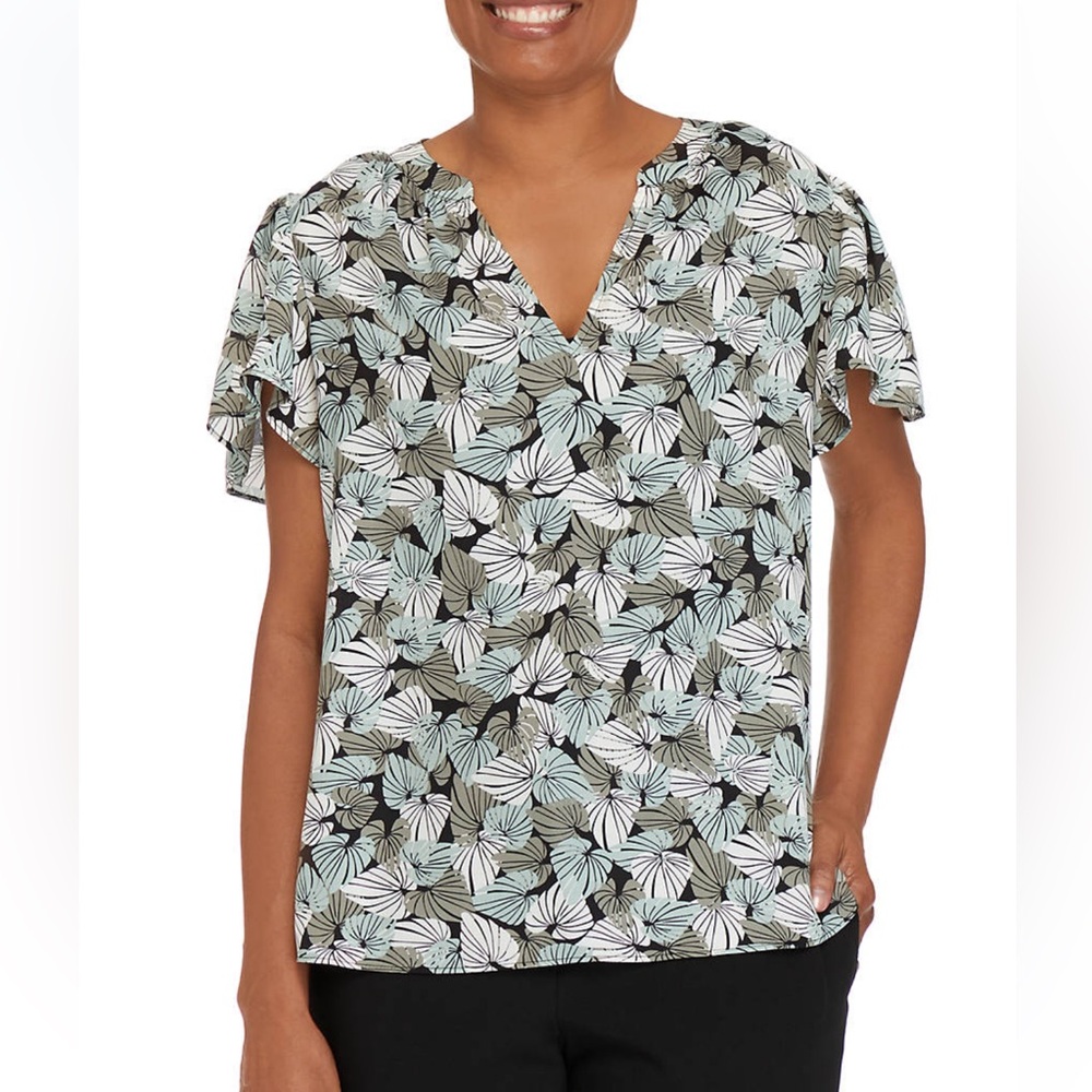 KASPER V-Neck Flutter Sleeve Palm Print Woven Top in Black Combo EUC Size Xl